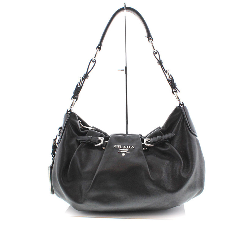 Prada Leather One Shoulder Charm Black Silver Hardware Handbag